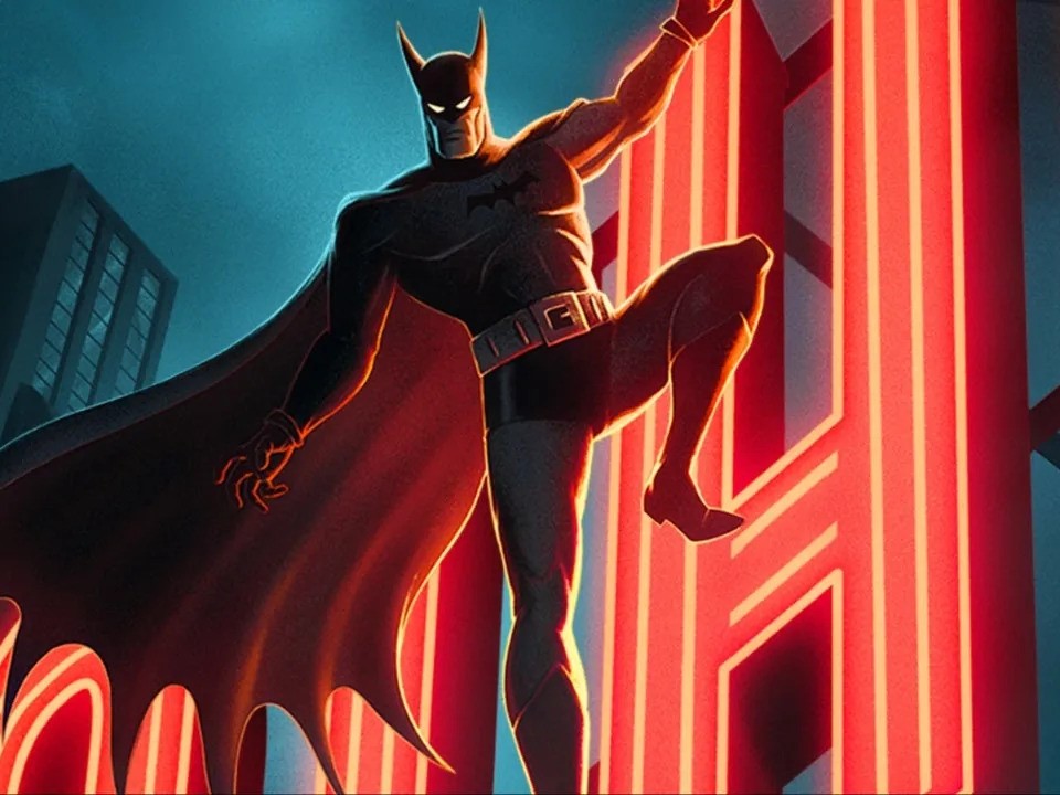 Ο Batman κρεμιέται από μια neon πινακίδα.